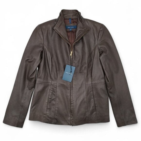 Cole Haan Women's Size S Dark Espresso Leather Wing Collar Leather Jacket - Picture 1 of 7